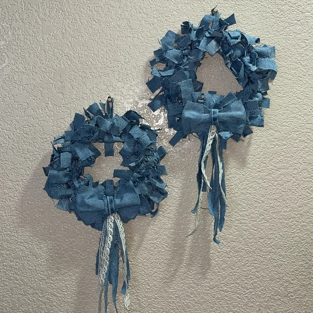 Shabby Rag Denim Wreath Bundle Lot Small Boho Country Farmhouse Western Bow